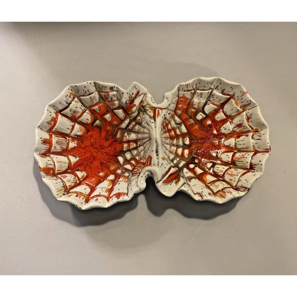 Vtg MCM Split Shell Glazed Pottery Orange Red Splatter Trinket Nut Dish Ashtray